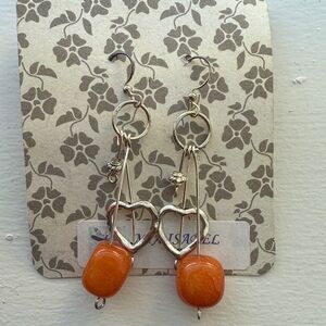 Silver Heart Earrings with Orange Accents